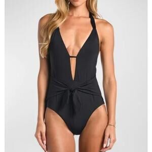 Sunshine 79 Women's Halter One Piece Swimsuit Self-Tie Front Black Size 10